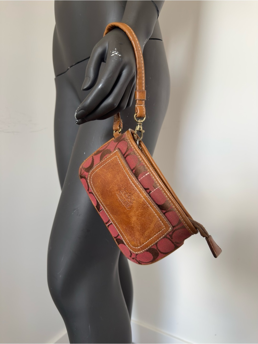 2. Coach Brown Leather Trim Red Signature Wristlet